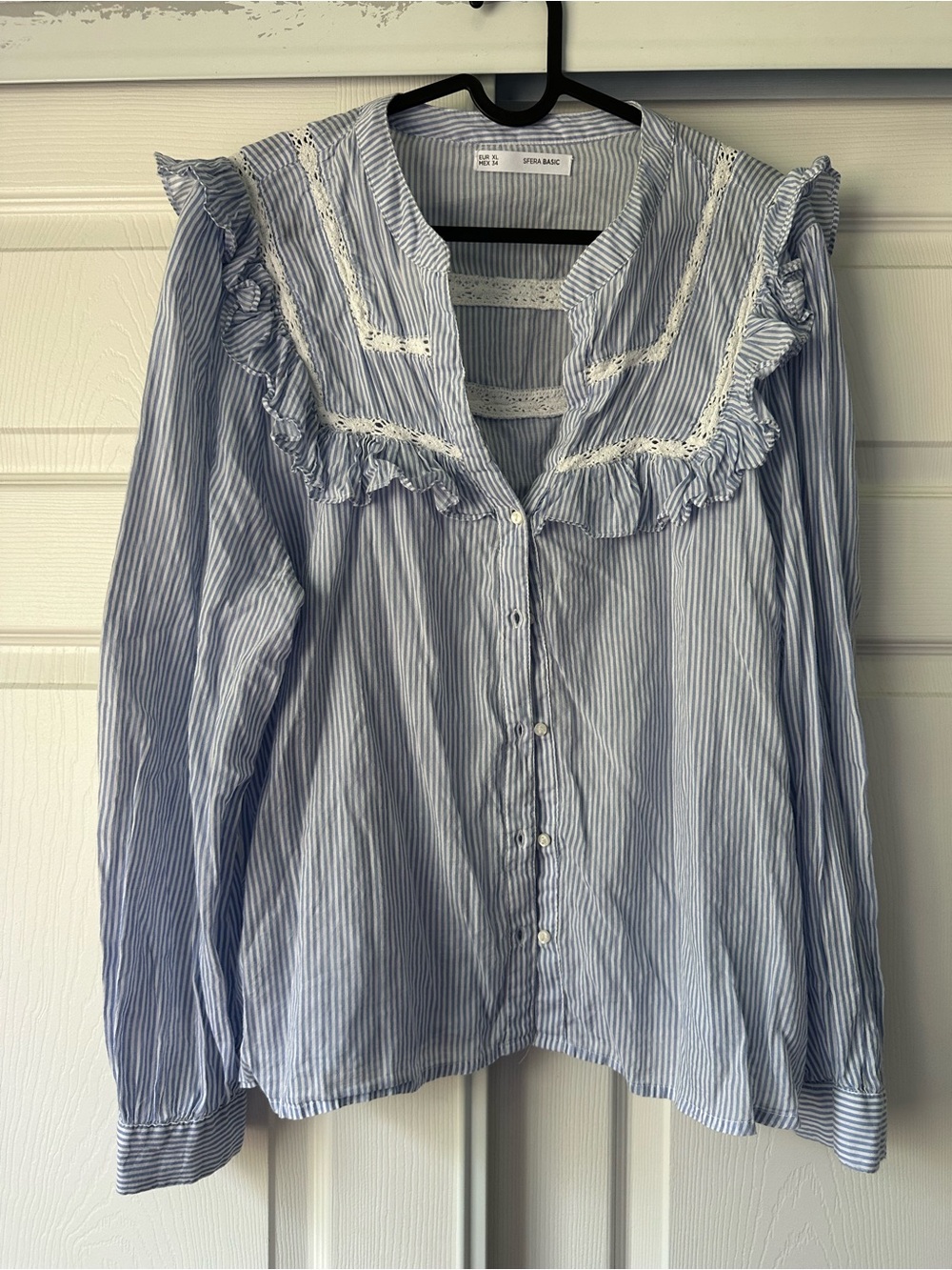 Striped Ruffle Lace-Trim Button Front Blouse - Blue/White by Stradivarius